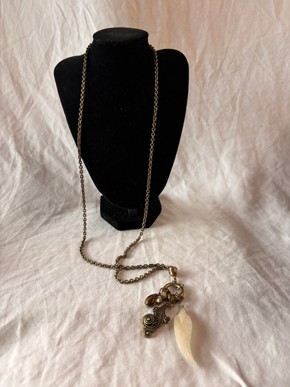 Bronze-tone Long Pendant Necklace with Cream Feather Charm